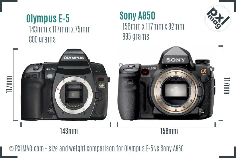 Olympus E-5 vs Sony A850 size comparison