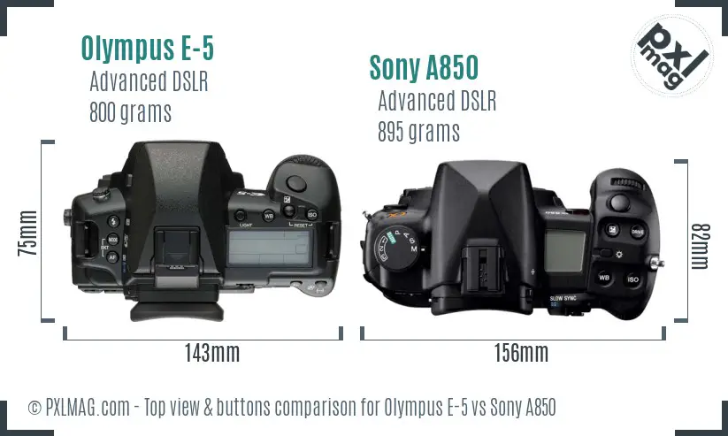 Olympus E-5 vs Sony A850 top view buttons comparison