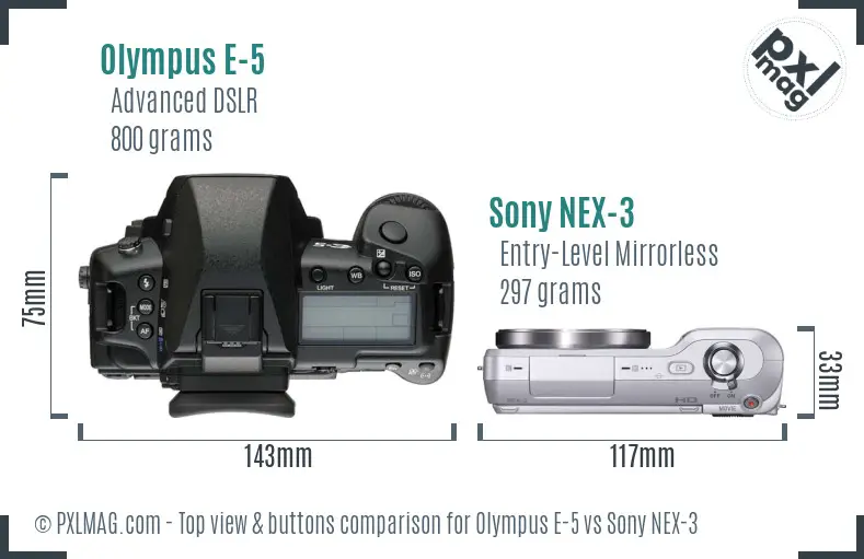 Olympus E-5 vs Sony NEX-3 top view buttons comparison