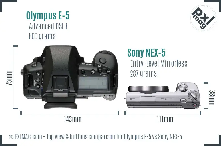 Olympus E-5 vs Sony NEX-5 top view buttons comparison