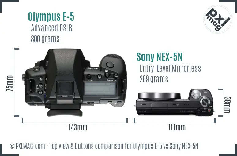 Olympus E-5 vs Sony NEX-5N top view buttons comparison