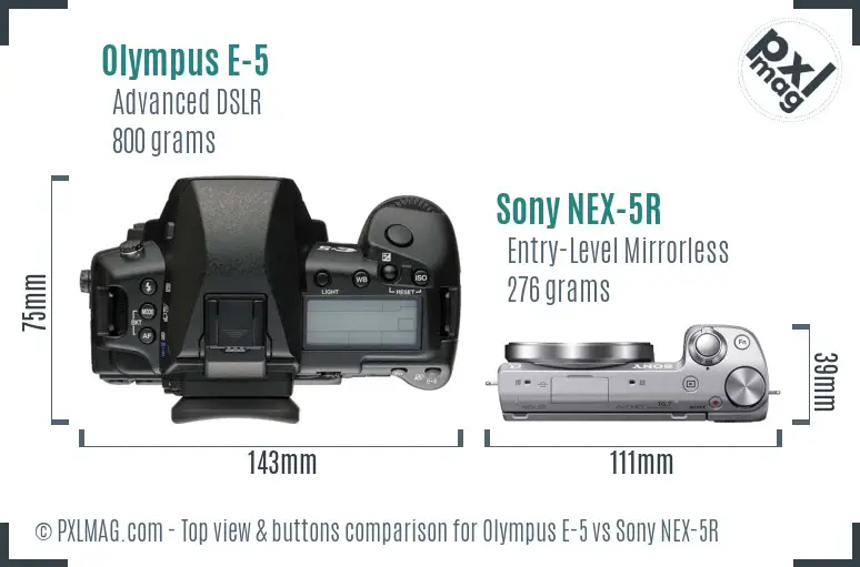 Olympus E-5 vs Sony NEX-5R top view buttons comparison