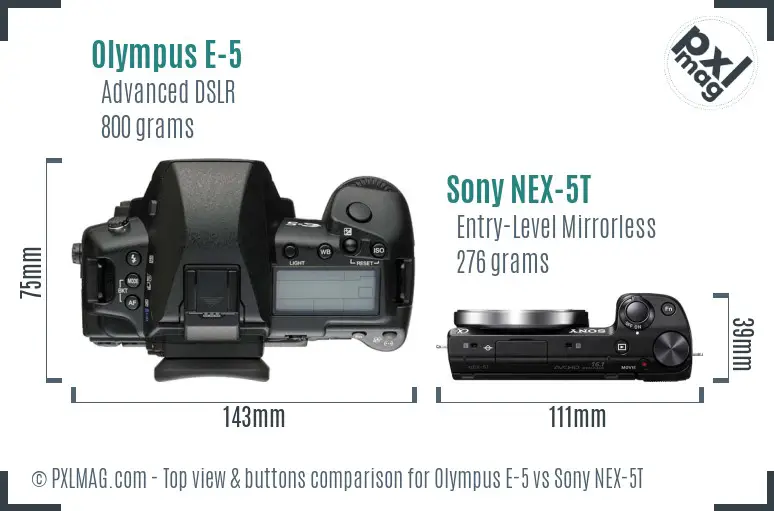 Olympus E-5 vs Sony NEX-5T top view buttons comparison