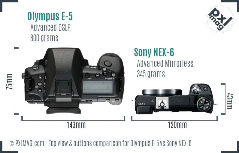 Olympus E-5 vs Sony NEX-6 top view buttons comparison