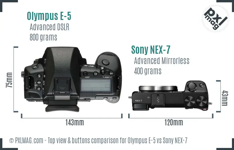 Olympus E-5 vs Sony NEX-7 top view buttons comparison