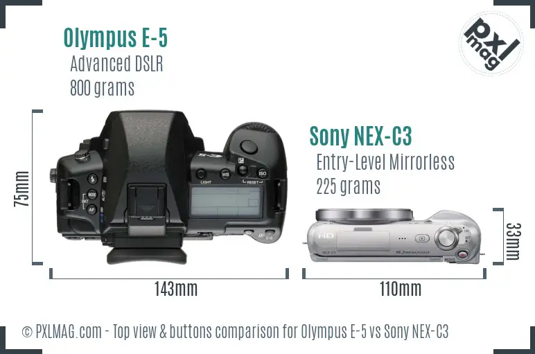 Olympus E-5 vs Sony NEX-C3 top view buttons comparison