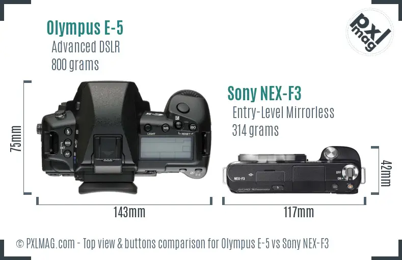 Olympus E-5 vs Sony NEX-F3 top view buttons comparison