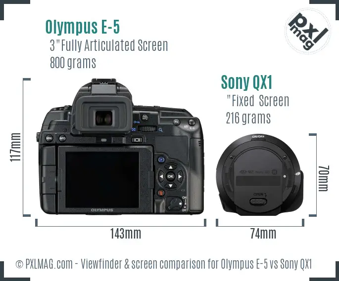 Olympus E-5 vs Sony QX1 Screen and Viewfinder comparison