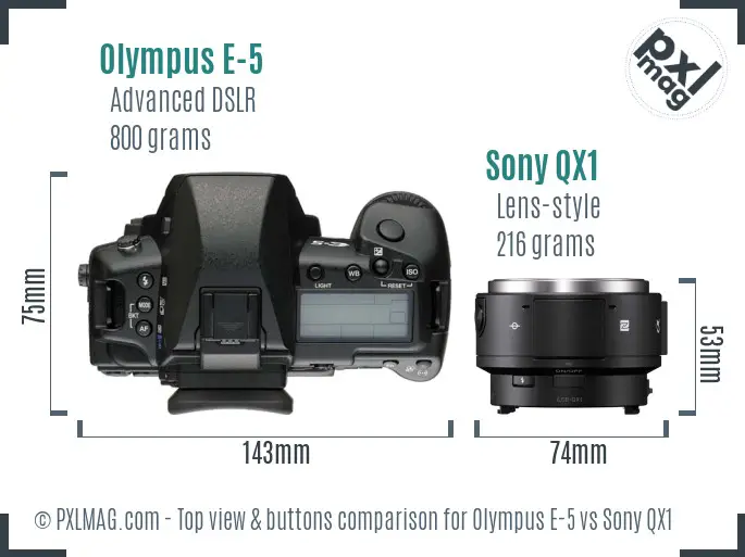 Olympus E-5 vs Sony QX1 top view buttons comparison