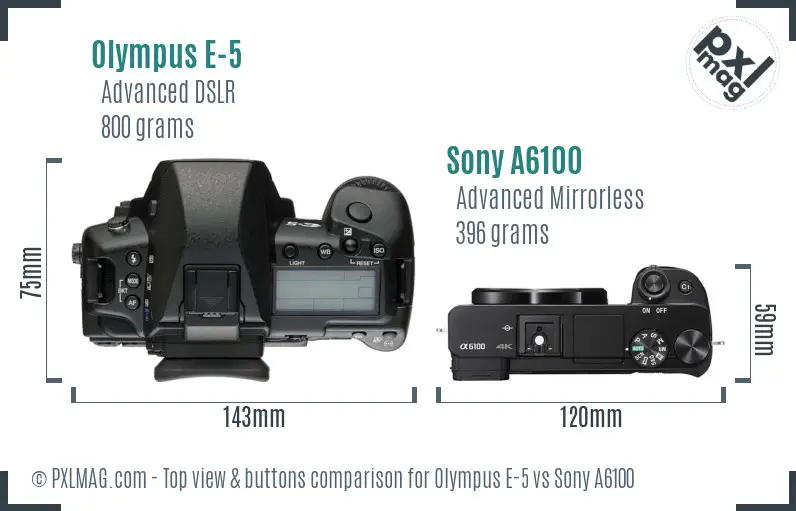 Olympus E-5 vs Sony A6100 top view buttons comparison