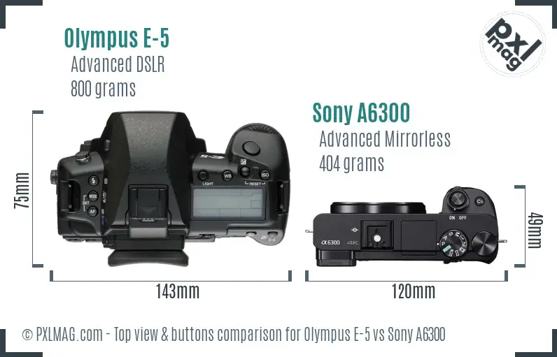 Olympus E-5 vs Sony A6300 top view buttons comparison