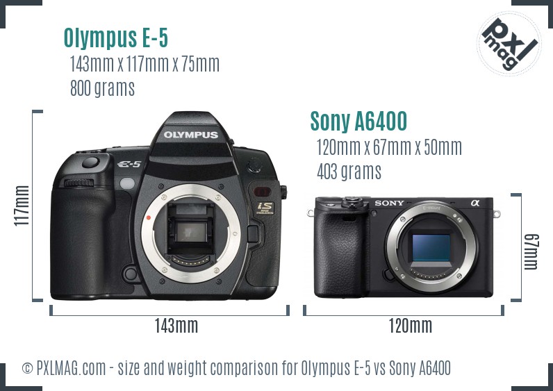 Olympus E-5 vs Sony A6400 size comparison