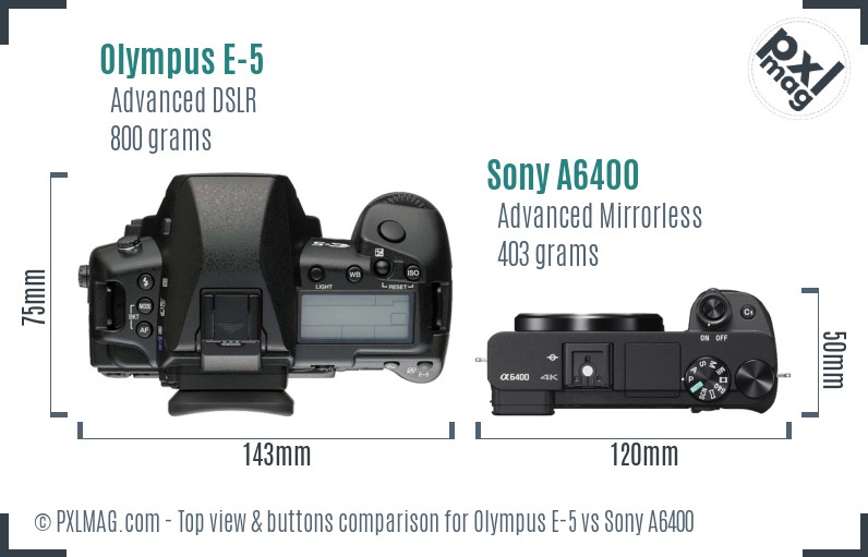 Olympus E-5 vs Sony A6400 top view buttons comparison