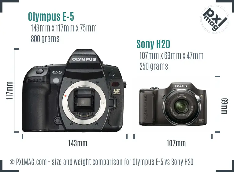 Olympus E-5 vs Sony H20 size comparison