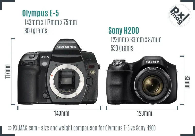 Olympus E-5 vs Sony H200 size comparison