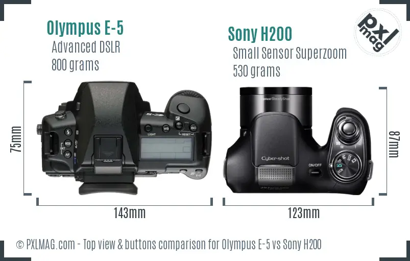 Olympus E-5 vs Sony H200 top view buttons comparison