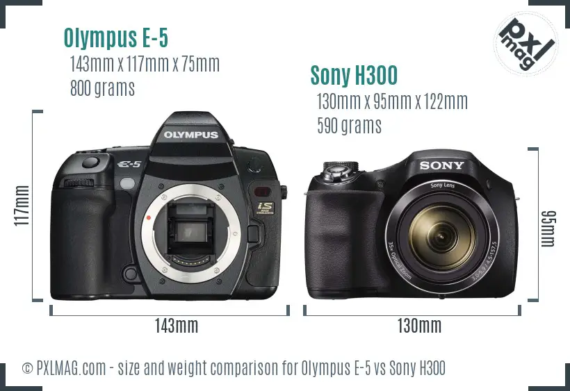Olympus E-5 vs Sony H300 size comparison