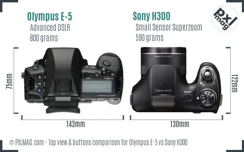 Olympus E-5 vs Sony H300 top view buttons comparison