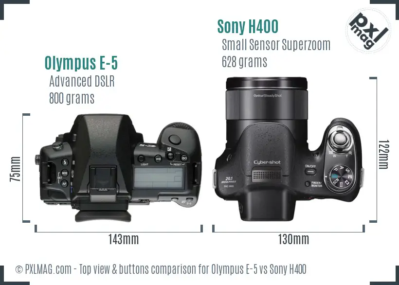 Olympus E-5 vs Sony H400 top view buttons comparison