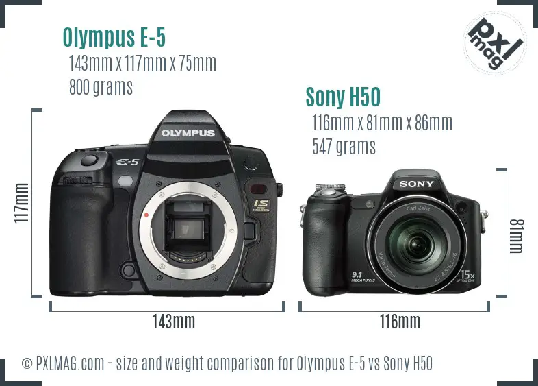 Olympus E-5 vs Sony H50 size comparison