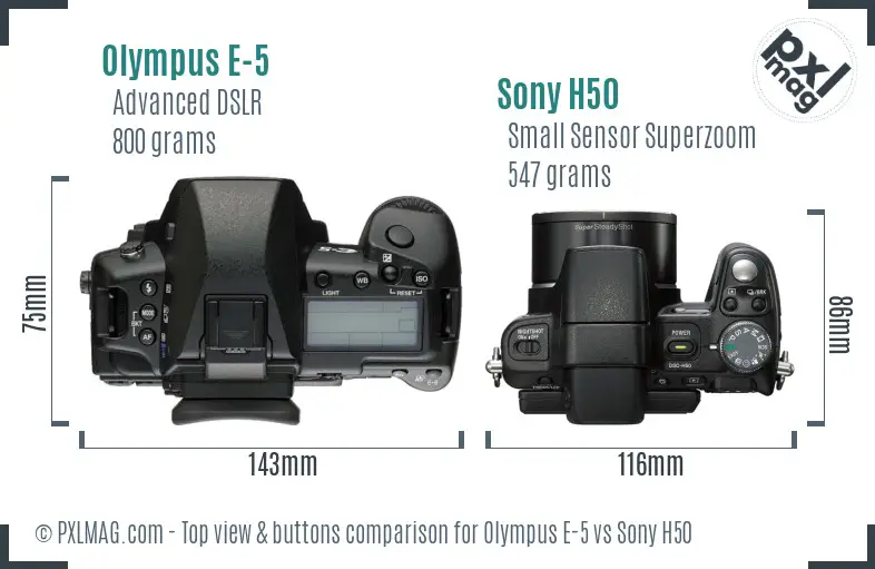 Olympus E-5 vs Sony H50 top view buttons comparison