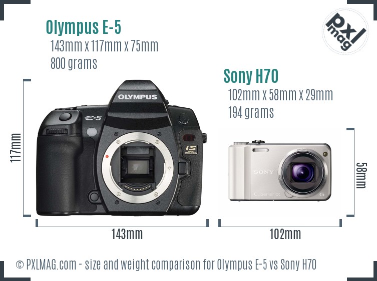 Olympus E-5 vs Sony H70 size comparison