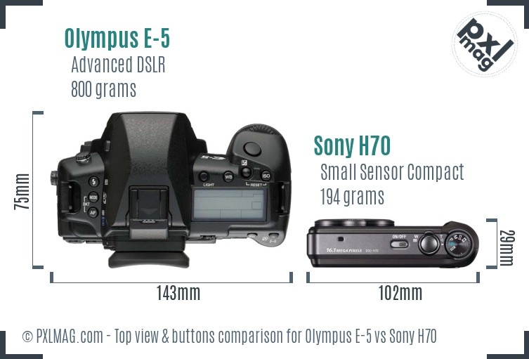 Olympus E-5 vs Sony H70 top view buttons comparison