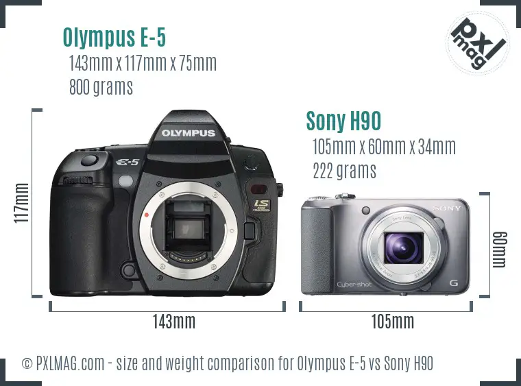 Olympus E-5 vs Sony H90 size comparison
