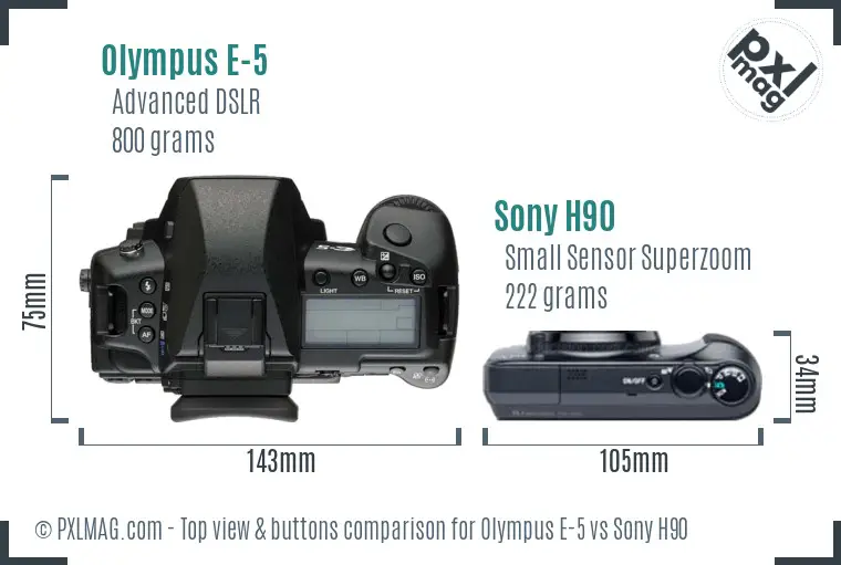 Olympus E-5 vs Sony H90 top view buttons comparison