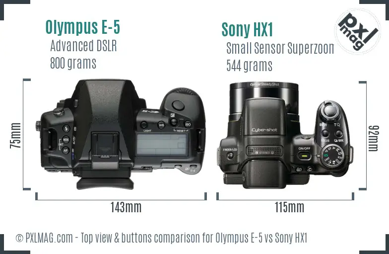 Olympus E-5 vs Sony HX1 top view buttons comparison