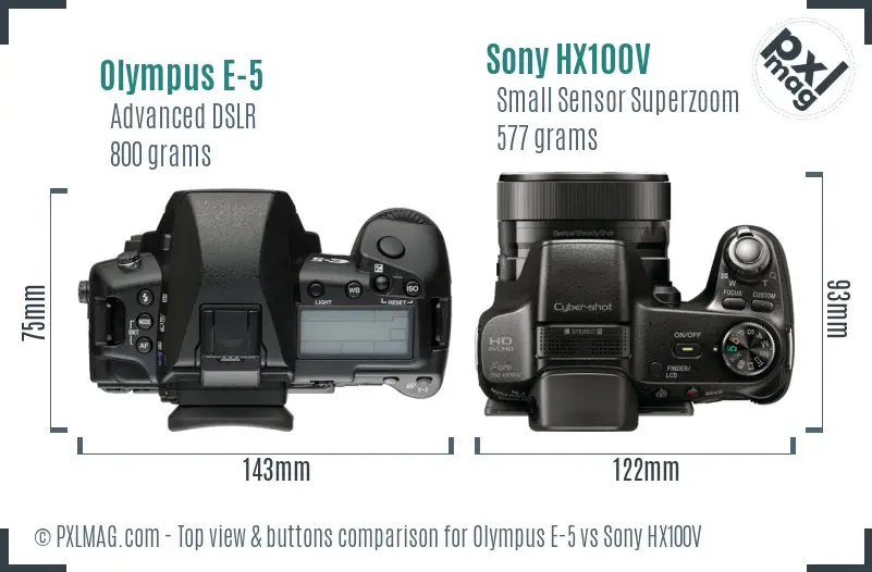 Olympus E-5 vs Sony HX100V top view buttons comparison