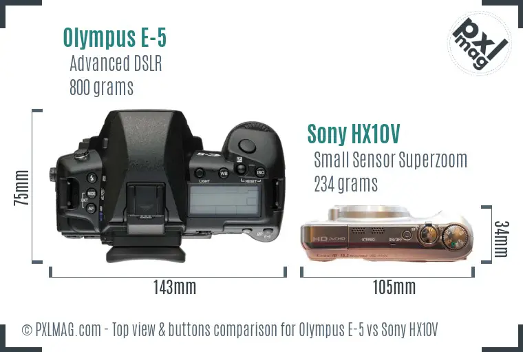 Olympus E-5 vs Sony HX10V top view buttons comparison