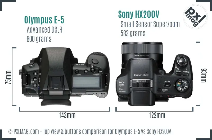 Olympus E-5 vs Sony HX200V top view buttons comparison