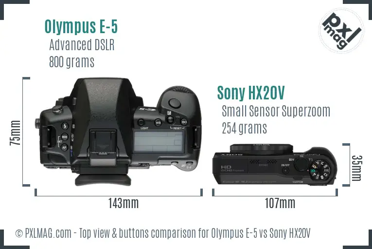 Olympus E-5 vs Sony HX20V top view buttons comparison