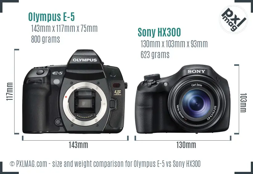 Olympus E-5 vs Sony HX300 size comparison