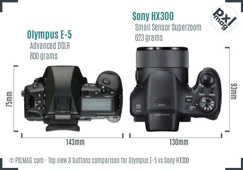 Olympus E-5 vs Sony HX300 top view buttons comparison