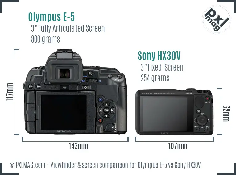 Olympus E-5 vs Sony HX30V Screen and Viewfinder comparison