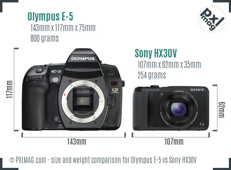 Olympus E-5 vs Sony HX30V size comparison