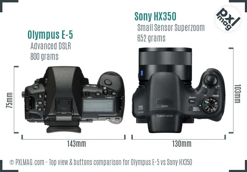 Olympus E-5 vs Sony HX350 top view buttons comparison