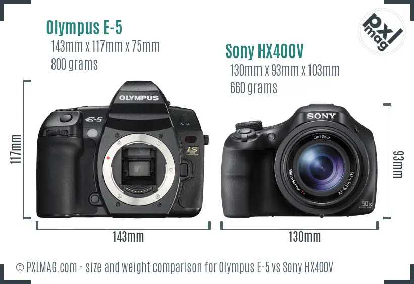 Olympus E-5 vs Sony HX400V size comparison