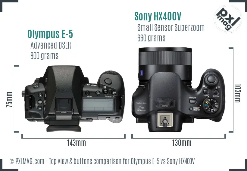 Olympus E-5 vs Sony HX400V top view buttons comparison