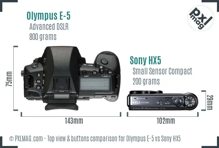 Olympus E-5 vs Sony HX5 top view buttons comparison