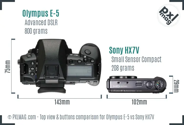 Olympus E-5 vs Sony HX7V top view buttons comparison
