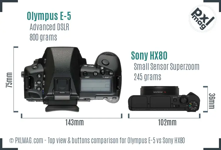 Olympus E-5 vs Sony HX80 top view buttons comparison