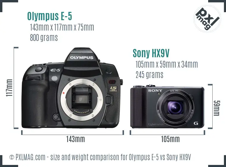 Olympus E-5 vs Sony HX9V size comparison