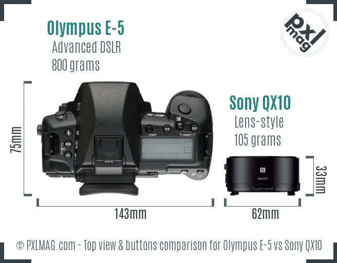 Olympus E-5 vs Sony QX10 top view buttons comparison
