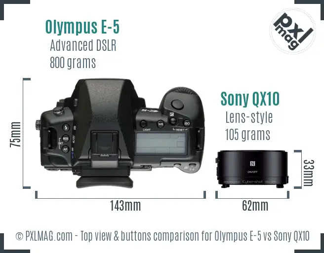 Olympus E-5 vs Sony QX10 top view buttons comparison Olympus E-5 vs Sony QX10 top view buttons comparison