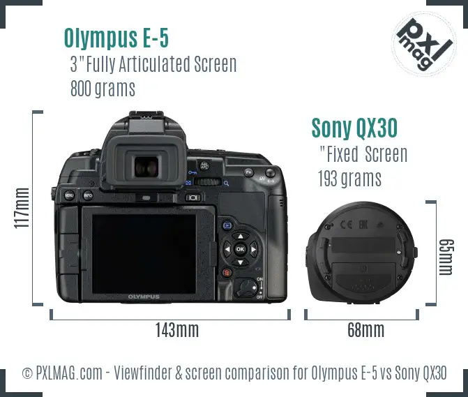 Olympus E-5 vs Sony QX30 Screen and Viewfinder comparison