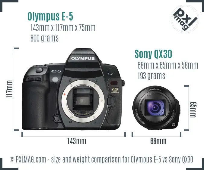 Olympus E-5 vs Sony QX30 size comparison