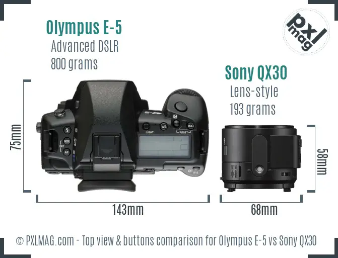 Olympus E-5 vs Sony QX30 top view buttons comparison